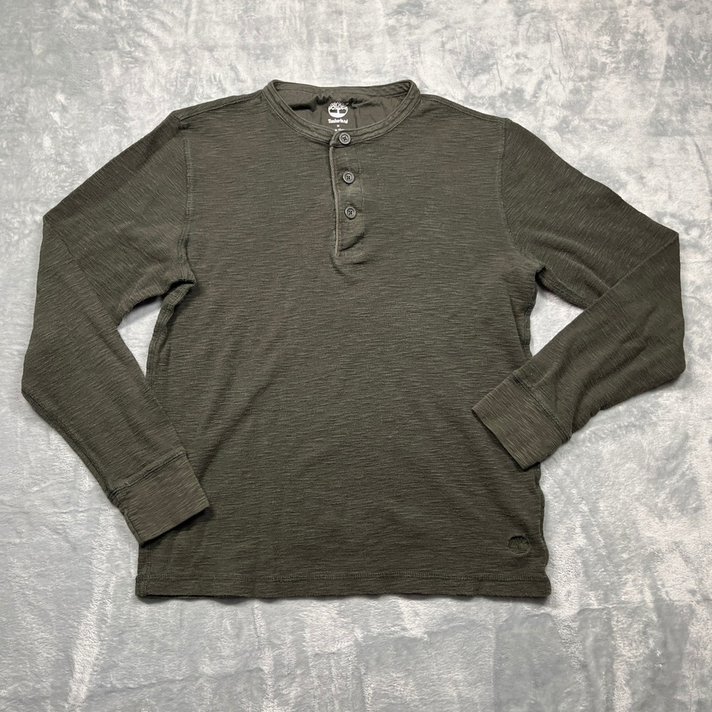 Timberland Henley Shirtโ Mens Olive Green Long Sleeve Cotton Slub Jersey M